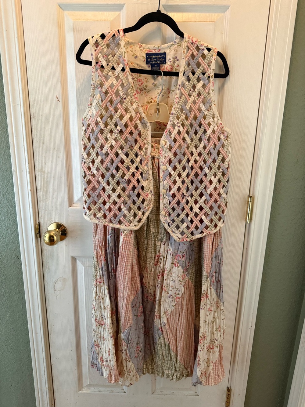 Vintage Willow Ridge women's patchwork maxi skirt and lattice vest set. 1980’s